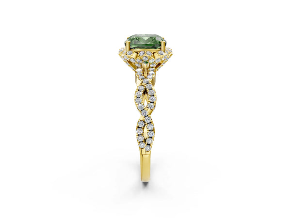 Yellow gold Fancy Green Cushion  Halo Twist Band Solitaire Ring with Six-Prong Setting