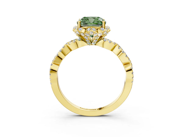 Yellow gold Fancy Green Cushion  Halo Twist Band Solitaire Ring with Six-Prong Setting