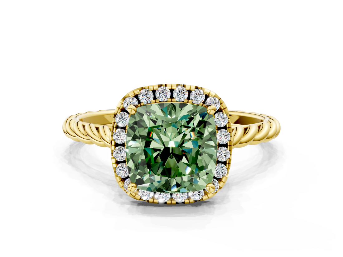 Yellow gold Fancy Green Cushion  Halo Twisted Band Four-Prong Diamond Ring_20