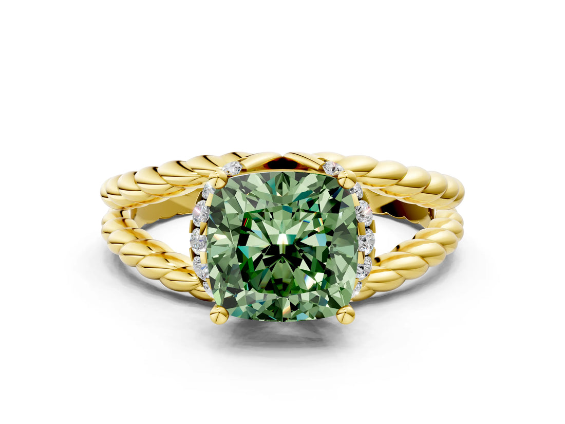 Yellow gold Fancy Green Cushion  Halo Twisted Band Four-Prong Ring_32