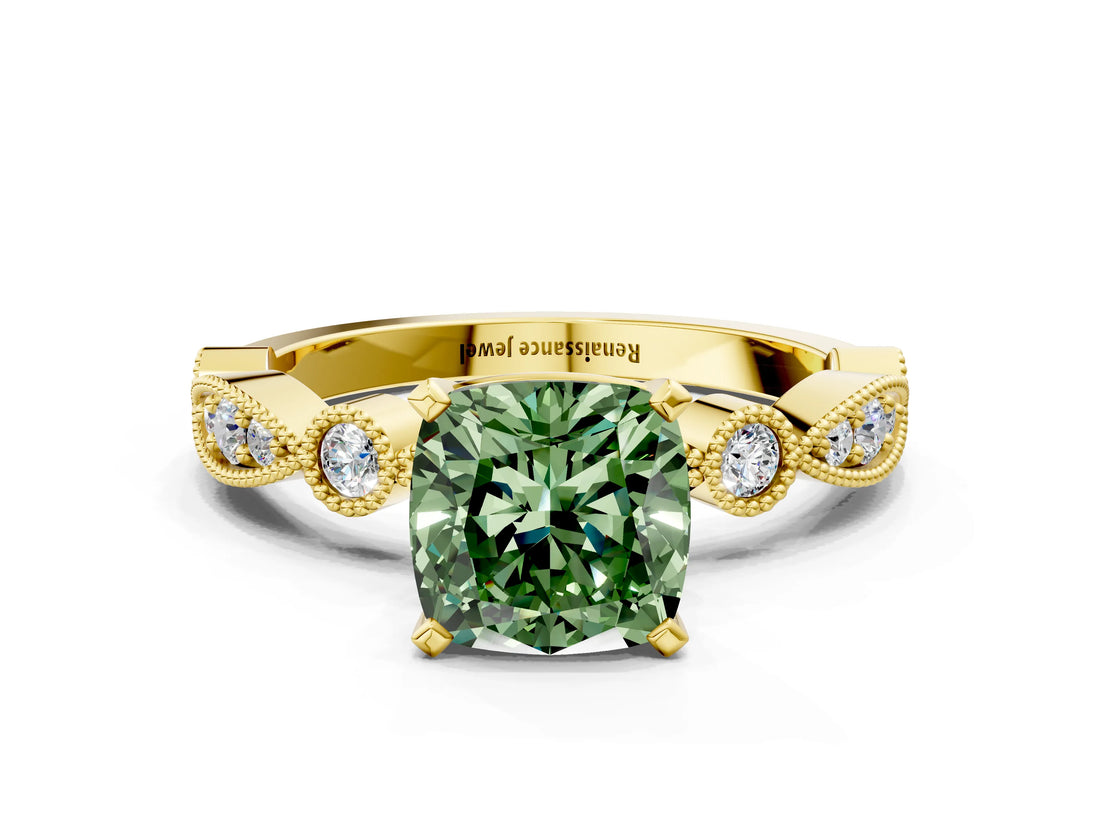 Yellow gold Fancy Green Cushion  Milgrain Bezel Diamond Engagement Ring with Solitaire Prong Setting_143