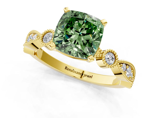 Yellow gold Fancy Green Cushion  Milgrain Bezel Diamond Engagement Ring with Solitaire Prong Setting