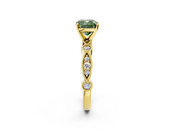 Yellow gold Fancy Green Cushion  Milgrain Bezel Diamond Engagement Ring with Solitaire Prong Setting
