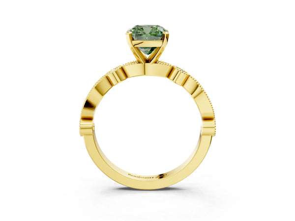 Yellow gold Fancy Green Cushion  Milgrain Bezel Diamond Engagement Ring with Solitaire Prong Setting