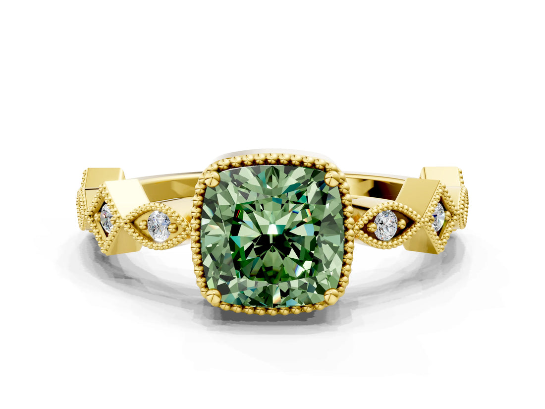 Yellow gold Fancy Green Cushion  Milgrain Marquise Diamond Twist Band Ring_62