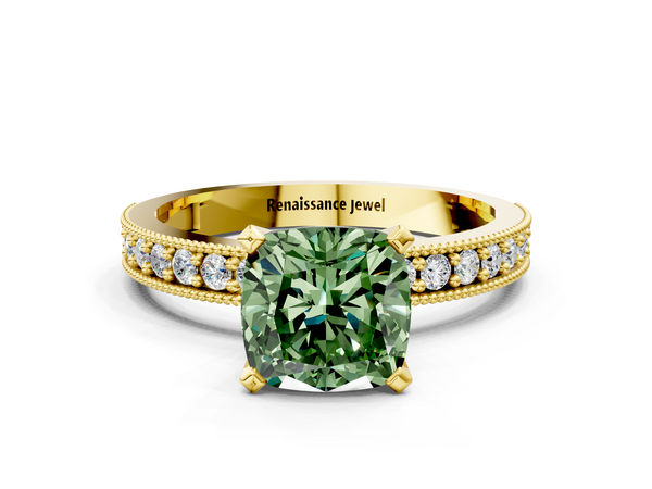 Yellow gold Fancy Green Cushion Cut Diamond Milgrain Pavé Engagement Ring with Four-Prong Setting