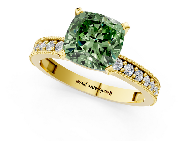 Yellow gold Fancy Green Cushion Cut Diamond Milgrain Pavé Engagement Ring with Four-Prong Setting