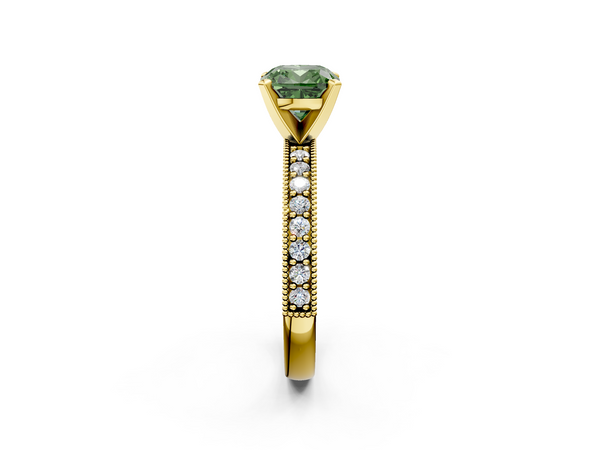 Yellow gold Fancy Green Cushion Cut Diamond Milgrain Pavé Engagement Ring with Four-Prong Setting