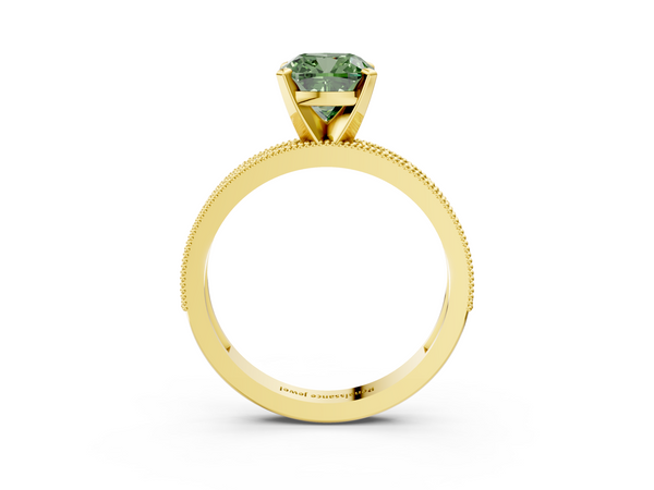 Yellow gold Fancy Green Cushion Cut Diamond Milgrain Pavé Engagement Ring with Four-Prong Setting