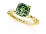 Yellow gold Fancy Green Cushion  Solitaire Beaded Band Prong Setting Ring 1