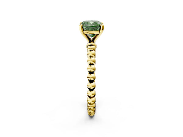Yellow gold Fancy Green Cushion Cut Diamond Solitaire Ring with Beaded Band and Prong Setting