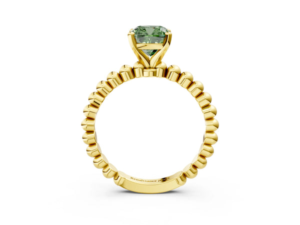 Yellow gold Fancy Green Cushion Cut Diamond Solitaire Ring with Beaded Band and Prong Setting