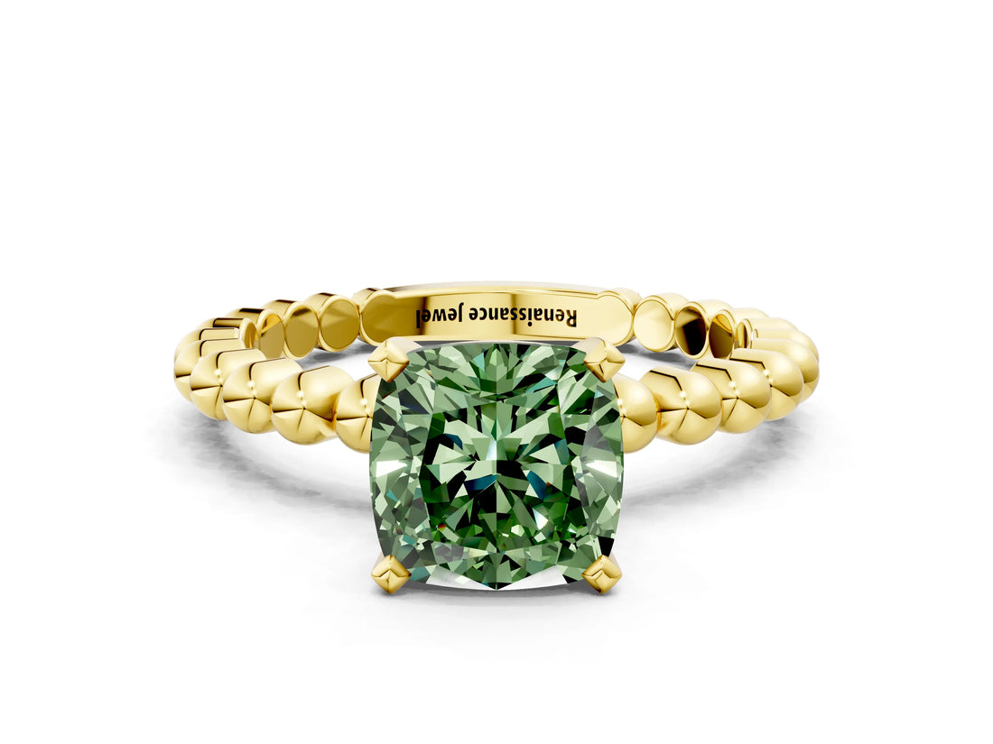 Yellow gold Fancy Green Cushion  Solitaire Beaded Band Prong Setting Ring