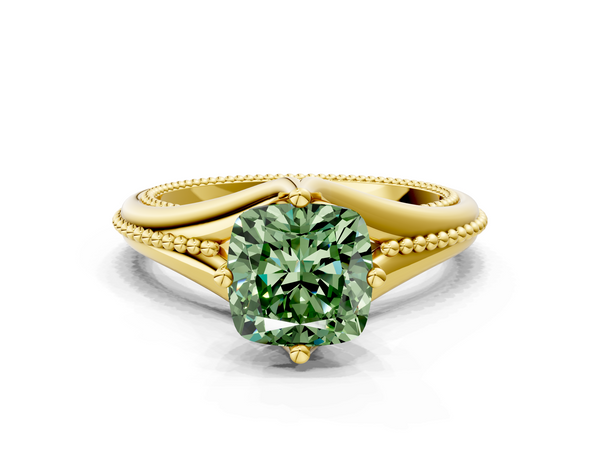 Yellow gold Fancy Green Cushion  Solitaire Beaded Band Six-Prong Setting