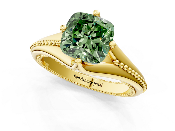 Yellow gold Fancy Green Cushion  Solitaire Beaded Band Six-Prong Setting