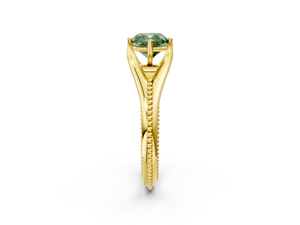 Yellow gold Fancy Green Cushion  Solitaire Beaded Band Six-Prong Setting