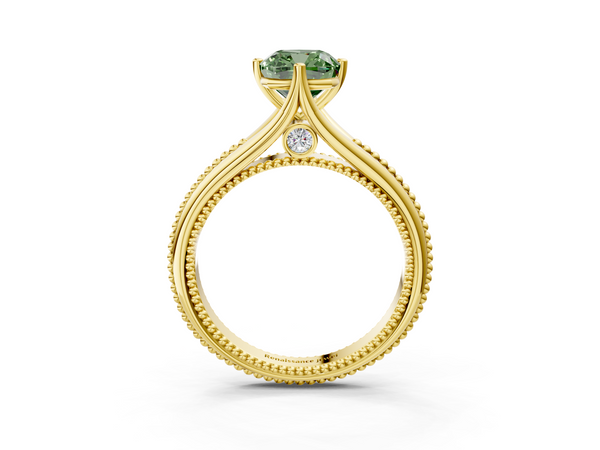 Yellow gold Fancy Green Cushion  Solitaire Beaded Band Six-Prong Setting