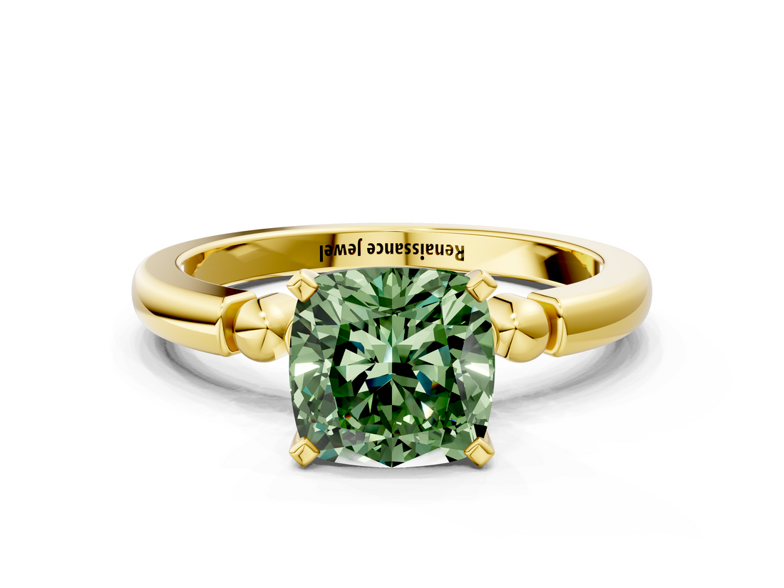 Yellow gold Fancy Green Cushion  Solitaire Beaded Band with Four-Prong Setting_60