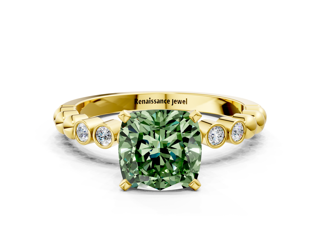 Yellow gold Fancy Green Cushion  Solitaire Bezel Accent Diamond Engagement Ring with Beaded Band and Four-Prong Setting_29