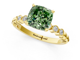 Yellow gold Fancy Green Cushion  Solitaire Bezel Accent Diamond Engagement Ring with Beaded Band and Four-Prong Setting_30