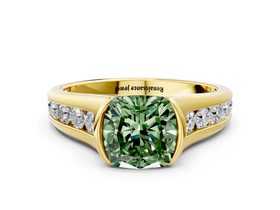 Yellow gold Fancy Green Cushion  Solitaire Bezel-Set Diamond Ring with Channel-Set Band_37
