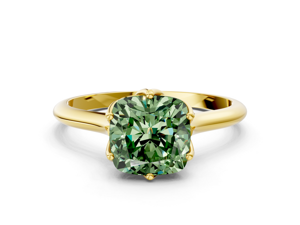 Yellow gold Fancy Green Cushion  Solitaire Cathedral Diamond Ring with Six-Prong Setting