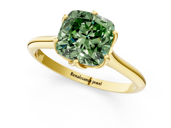 Yellow gold Fancy Green Cushion  Solitaire Cathedral Diamond Ring with Six-Prong Setting