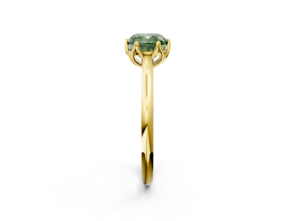 Yellow gold Fancy Green Cushion  Solitaire Cathedral Diamond Ring with Six-Prong Setting