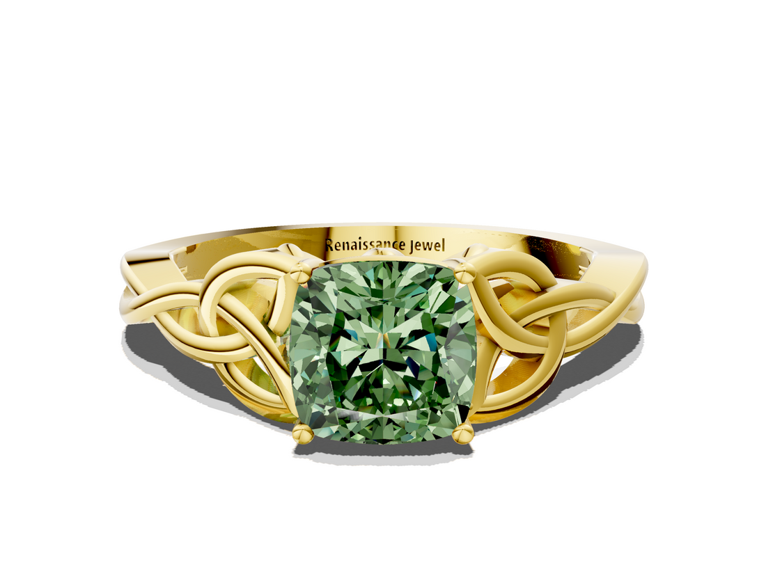 Yellow gold Fancy Green Cushion  Solitaire Celtic Knot Engagement Ring with Four-Prong Setting_61