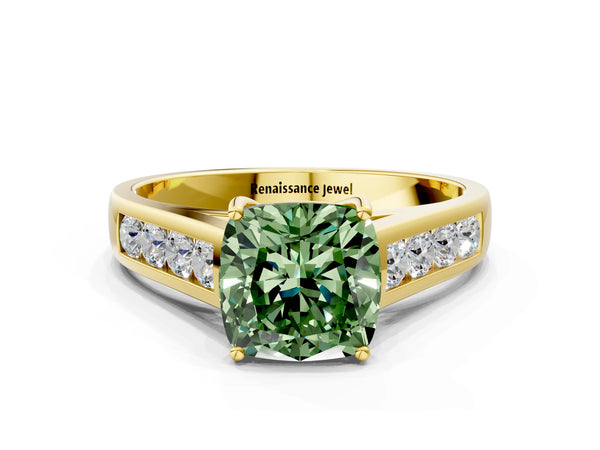 Yellow gold Fancy Green Cushion  Solitaire Channel-Set Diamond Engagement Ring with Four-Prong Setting