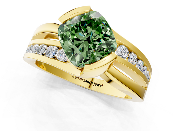 Yellow gold Fancy Green Cushion  Solitaire Channel-Set Split Shank Ring with Tension Prong Setting