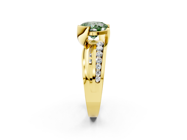 Yellow gold Fancy Green Cushion  Solitaire Channel-Set Split Shank Ring with Tension Prong Setting