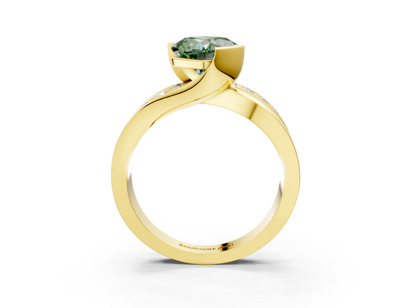 Yellow gold Fancy Green Cushion  Solitaire Channel-Set Split Shank Ring with Tension Prong Setting