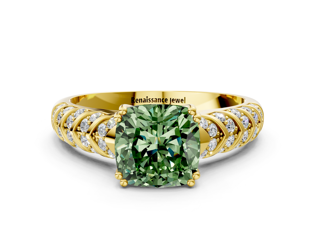 Yellow gold Fancy Green Cushion  Solitaire Chevron Pave Diamond Engagement Ring with Six-Prong Setting_3