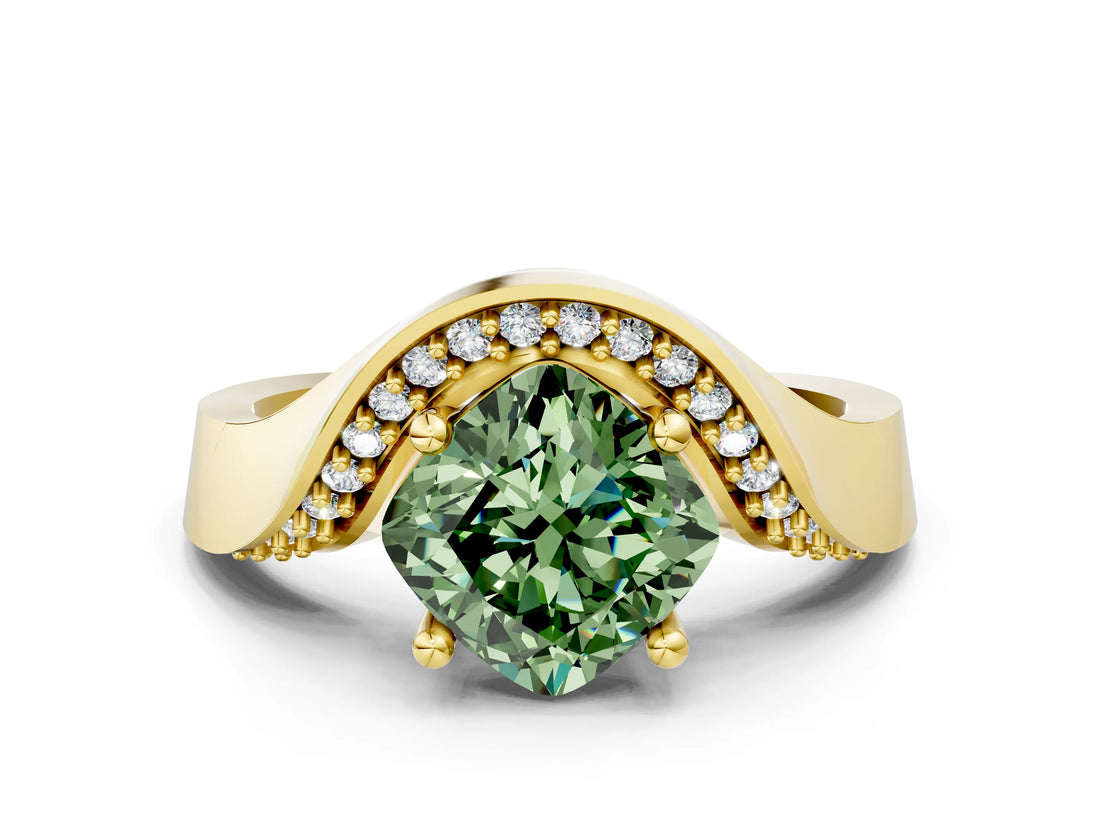 Yellow gold Fancy Green Cushion  Solitaire Diamond Engagement Ring with Pave Band and Four-Prong Setting_42