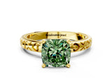 Yellow gold Fancy Green Cushion  Solitaire Diamond Engagement Ring with XO Engraved Band and Four-Prong Setting 2