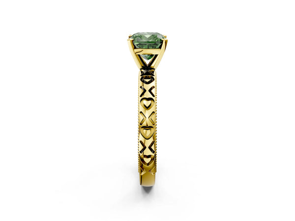 Yellow gold Fancy Green Cushion  Solitaire Diamond Engagement Ring with XO Engraved Band and Four-Prong Setting