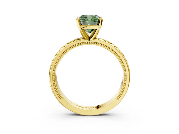 Yellow gold Fancy Green Cushion  Solitaire Diamond Engagement Ring with XO Engraved Band and Four-Prong Setting