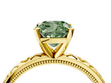 Yellow gold Fancy Green Cushion  Solitaire Diamond Engagement Ring with XO Engraved Band and Four-Prong Setting