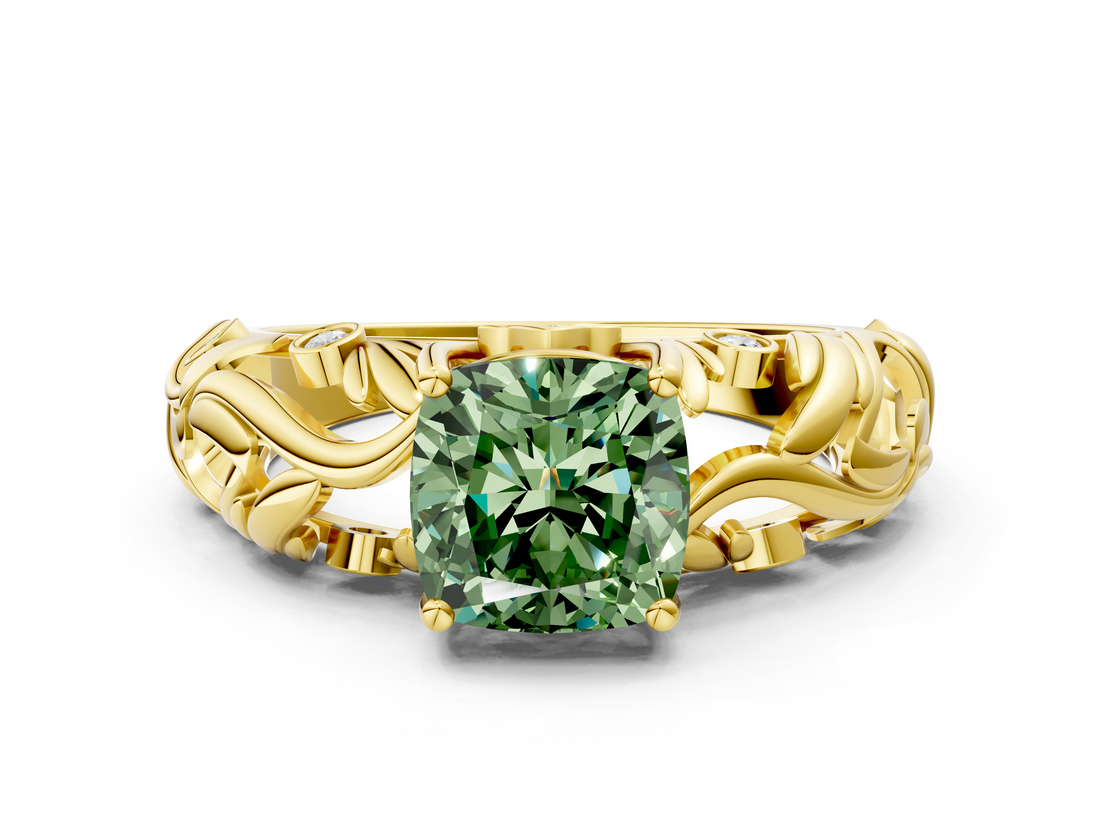 Yellow gold Fancy Green Cushion  Solitaire Diamond Leaf Vine Band with Prong Setting_28