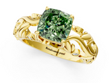 Yellow gold Fancy Green Cushion  Solitaire Diamond Leaf Vine Band with Prong Setting_29