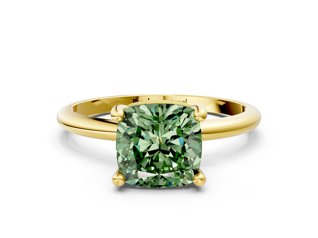 Yellow gold Fancy Green Cushion  Solitaire Diamond Ring with 4-Prong Setting on a Classic Band_3