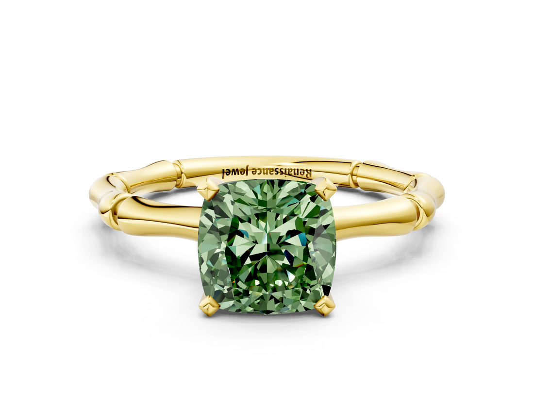 Yellow gold Fancy Green Cushion  Solitaire Diamond Ring with Bamboo Band and Four-Prong Setting_31