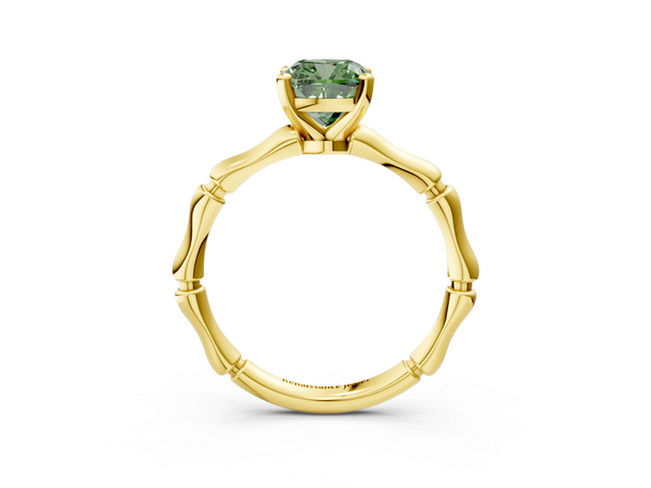 Yellow Gold Cushion Cut Solitaire Engagement Ring Setting for Fancy Green Center with Bamboo Band