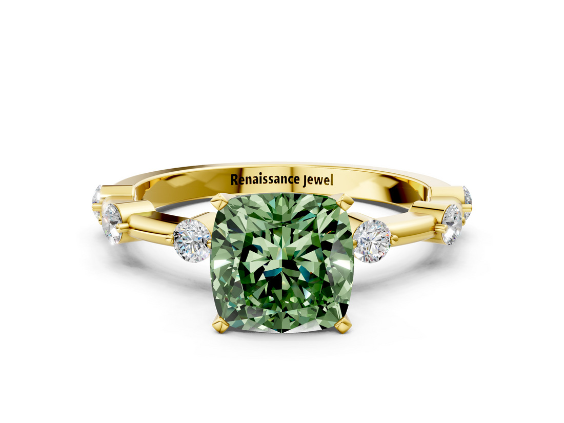 Yellow gold Fancy Green Cushion  Solitaire Diamond Ring with Bezel Set Side Stones and Prong Setting_3