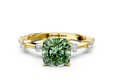 Yellow gold Fancy Green Cushion  Solitaire Diamond Ring with Bezel Set Side Stones and Prong Setting_3