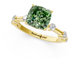 Yellow gold Fancy Green Cushion  Solitaire Diamond Ring with Bezel Set Side Stones and Prong Setting_4