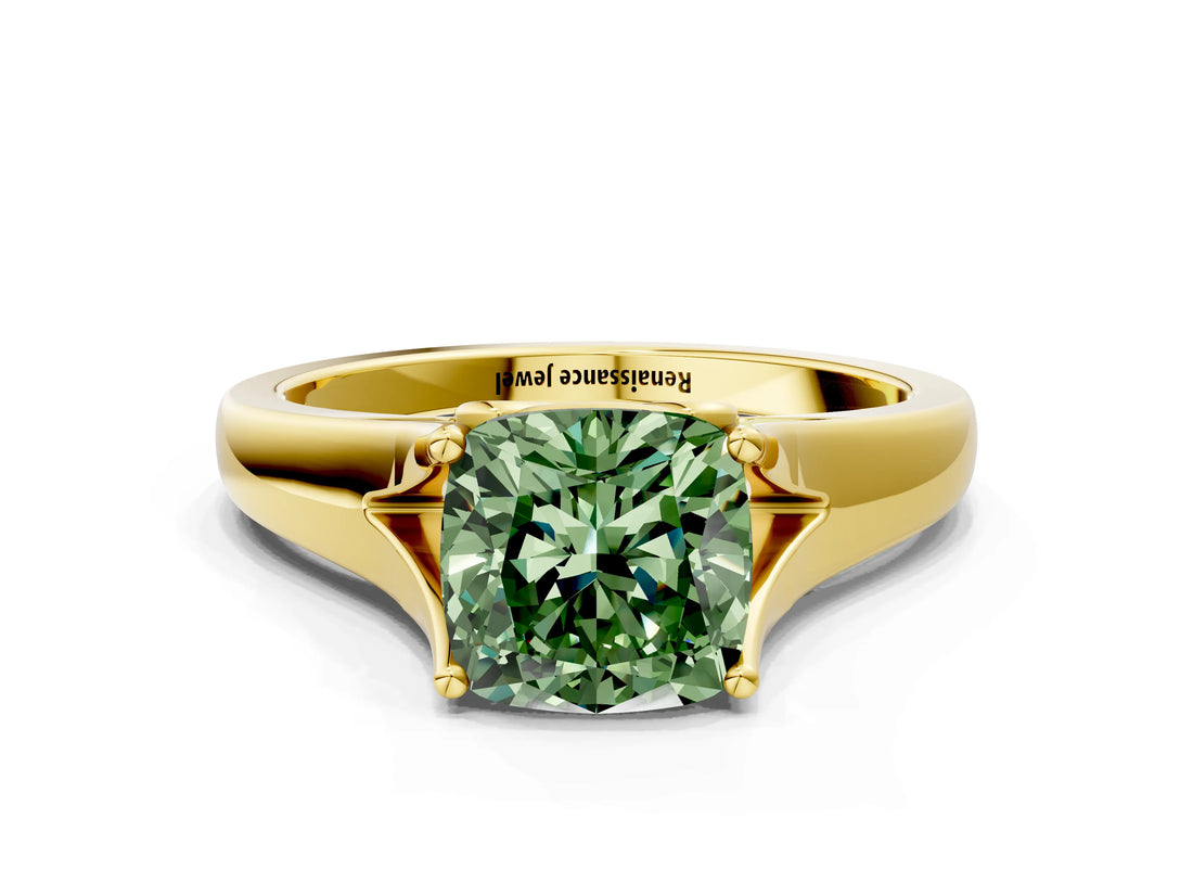 Yellow gold Fancy Green Cushion  Solitaire Diamond Ring with Cathedral Band and Four-Prong Setting_66