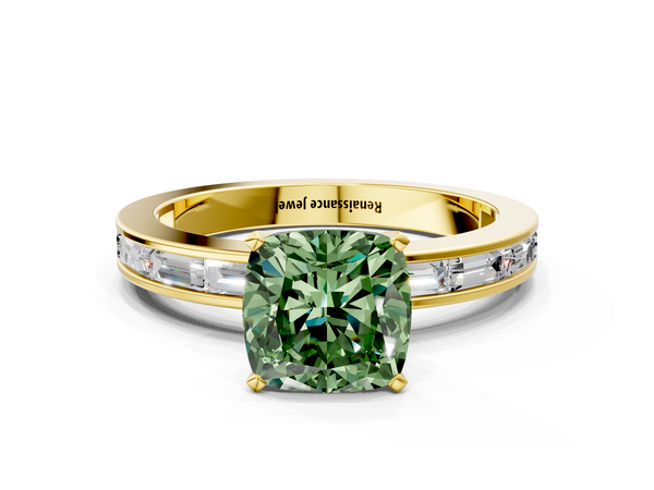 Yellow gold Fancy Green Cushion  Solitaire Diamond Ring with Channel-Set Baguette Band and Four-Prong Setting