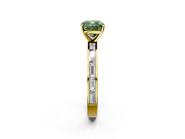Yellow gold Fancy Green Cushion  Solitaire Diamond Ring with Channel-Set Baguette Band and Four-Prong Setting